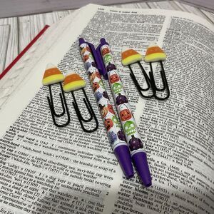 Candy Corn Halloween Paperclip bookmarks. plus 2 Halloween Vinyl wrapped pens